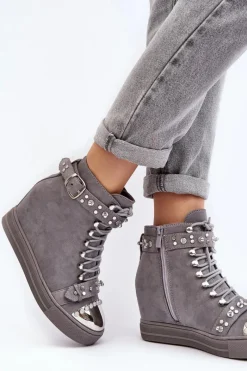 Botki Na Koturnie|Botki Sznurowane>Boto Ocieplane Botki Na Koturnie Z Dżetami Zamszowe Lu Boo Szare