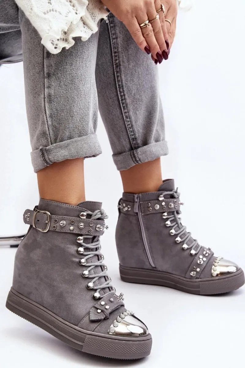 Botki Na Koturnie|Botki Sznurowane>Boto Ocieplane Botki Na Koturnie Z Dżetami Zamszowe Lu Boo Szare