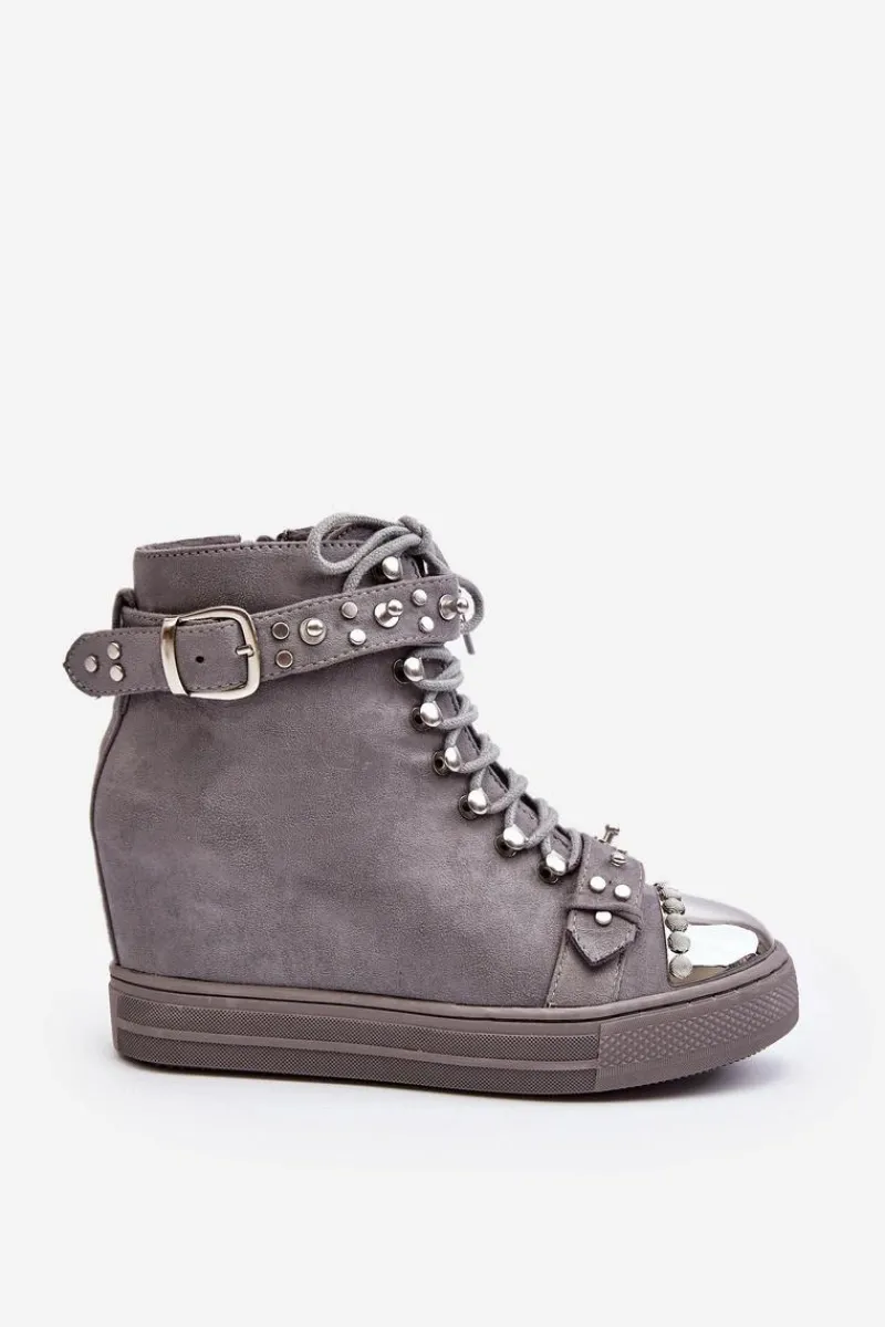 Botki Na Koturnie|Botki Sznurowane>Boto Ocieplane Botki Na Koturnie Z Dżetami Zamszowe Lu Boo Szare