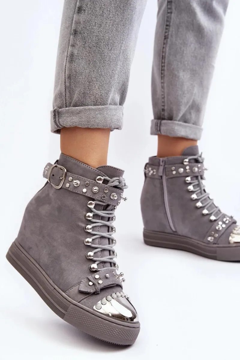 Botki Na Koturnie|Botki Sznurowane>Boto Ocieplane Botki Na Koturnie Z Dżetami Zamszowe Lu Boo Szare