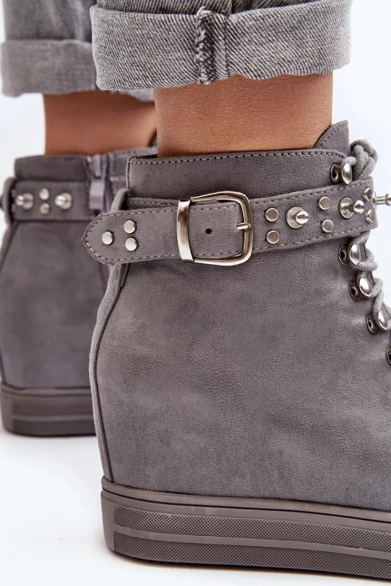 Botki Na Koturnie|Botki Sznurowane>Boto Ocieplane Botki Na Koturnie Z Dżetami Zamszowe Lu Boo Szare