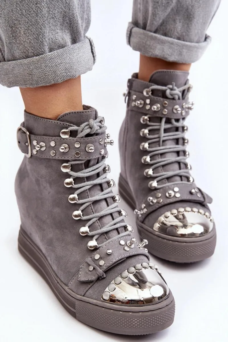 Botki Na Koturnie|Botki Sznurowane>Boto Ocieplane Botki Na Koturnie Z Dżetami Zamszowe Lu Boo Szare