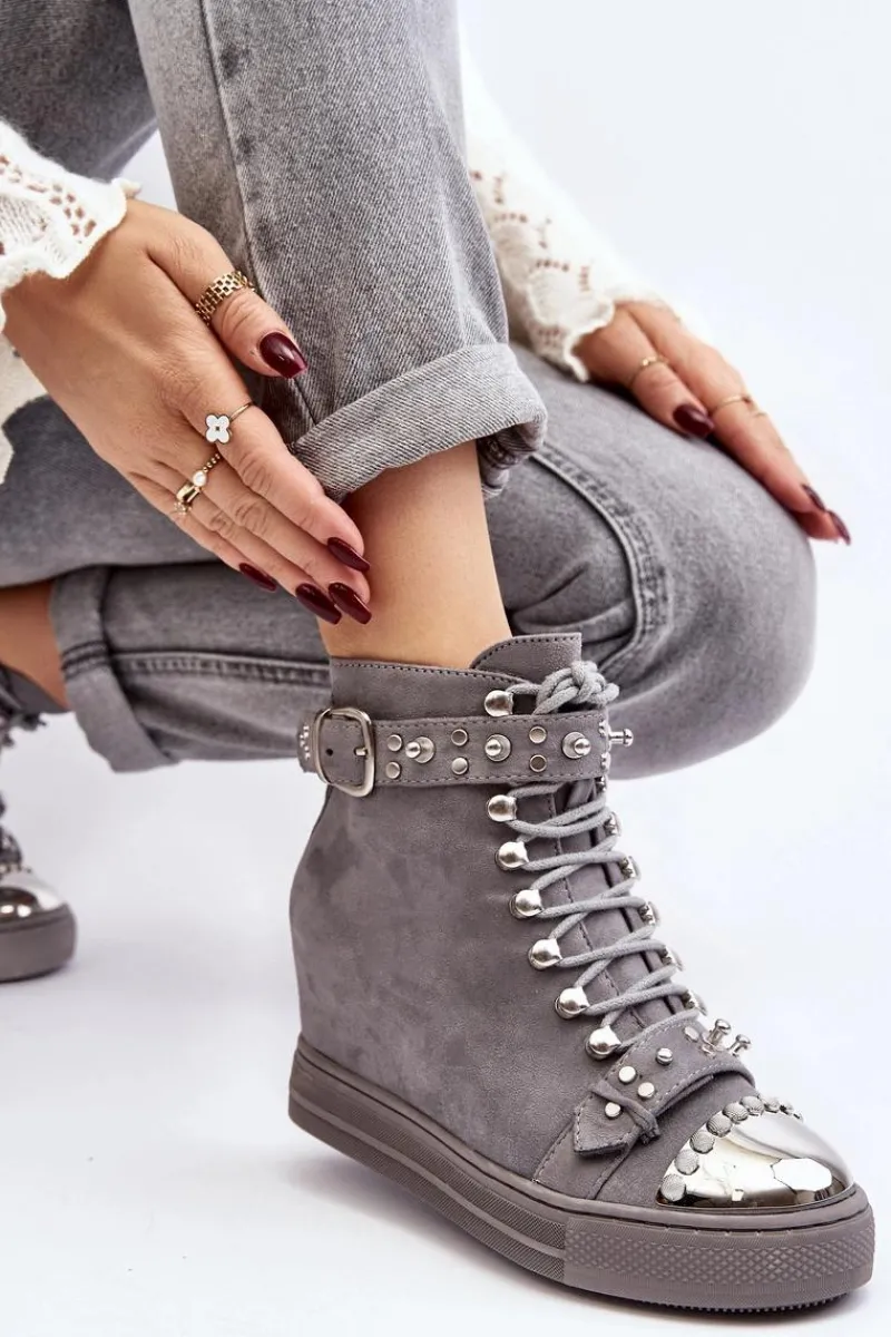 Botki Na Koturnie|Botki Sznurowane>Boto Ocieplane Botki Na Koturnie Z Dżetami Zamszowe Lu Boo Szare