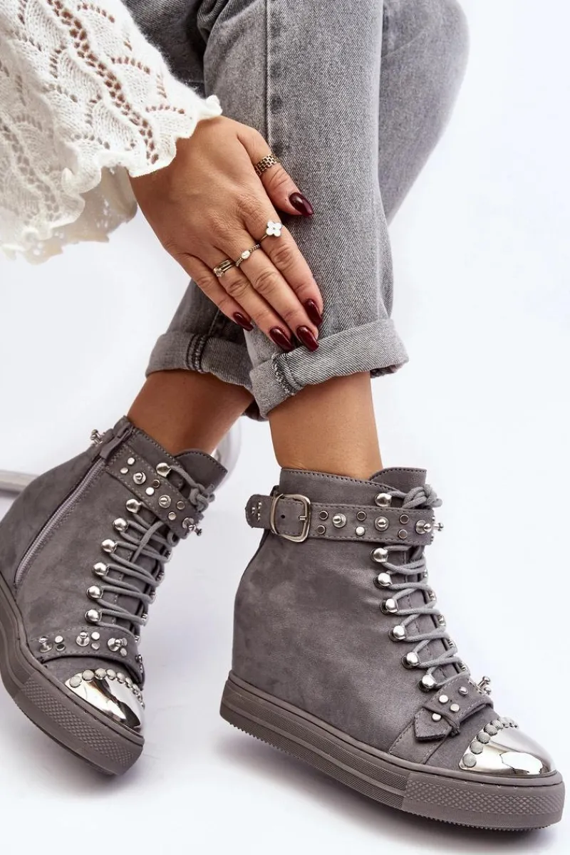 Botki Na Koturnie|Botki Sznurowane>Boto Ocieplane Botki Na Koturnie Z Dżetami Zamszowe Lu Boo Szare