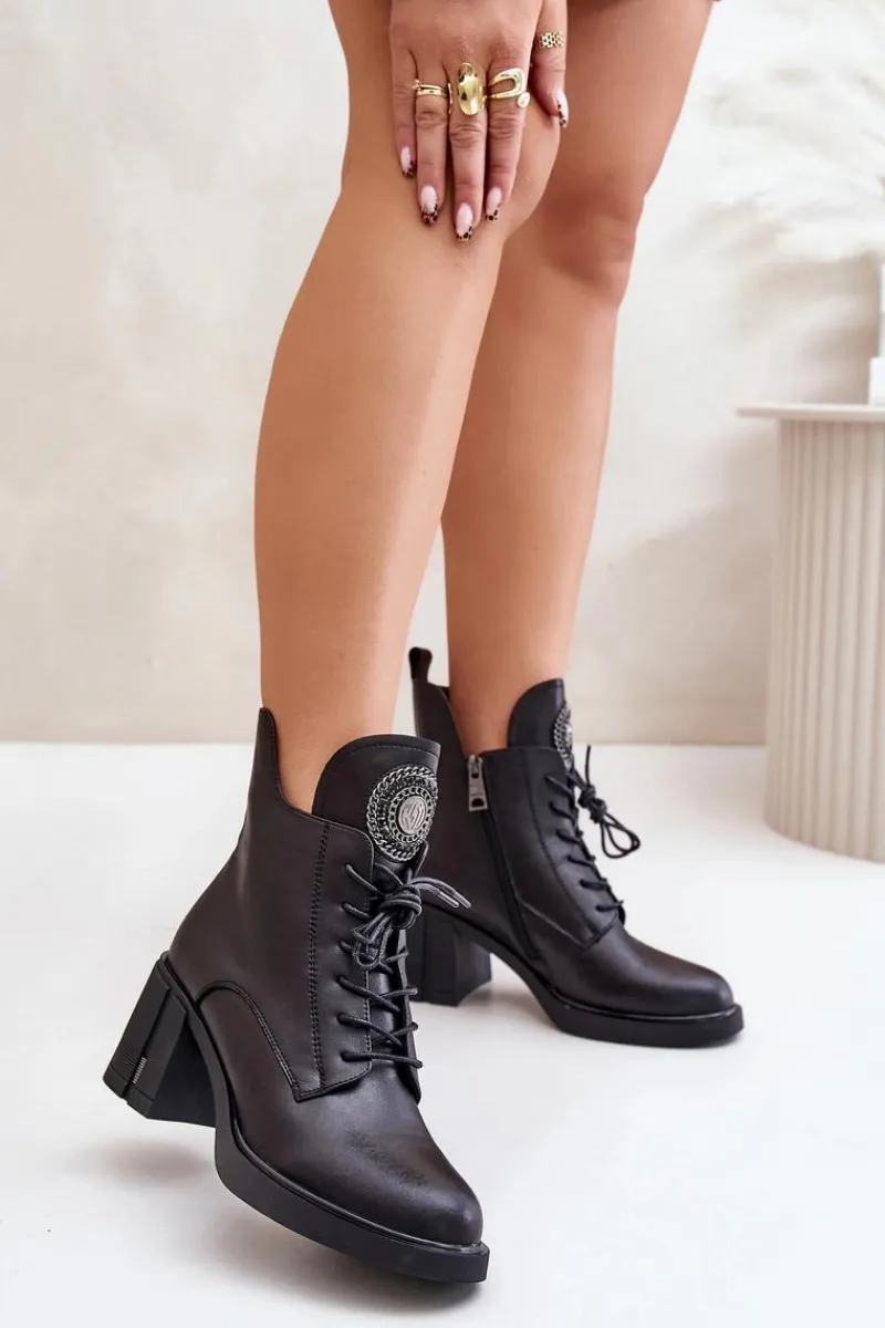 Hot Ocieplane Botki Na Masywnym Obcasie Skóra Naturalna Czarne Vinceza 66676 Damskie Botki Na Słupku|Botki Na Obcasie