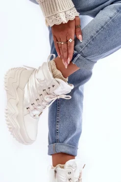 Damskie Trapery|Botki Sznurowane>Boto Ocieplane Botki Na Masywnej Platformie Jasnobeżowe Lanleh