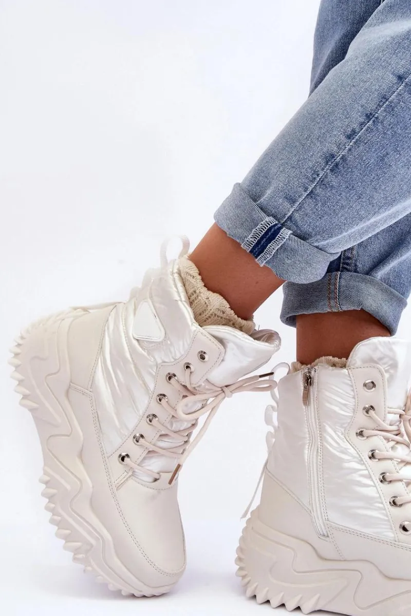 Damskie Trapery|Botki Sznurowane>Boto Ocieplane Botki Na Masywnej Platformie Jasnobeżowe Lanleh