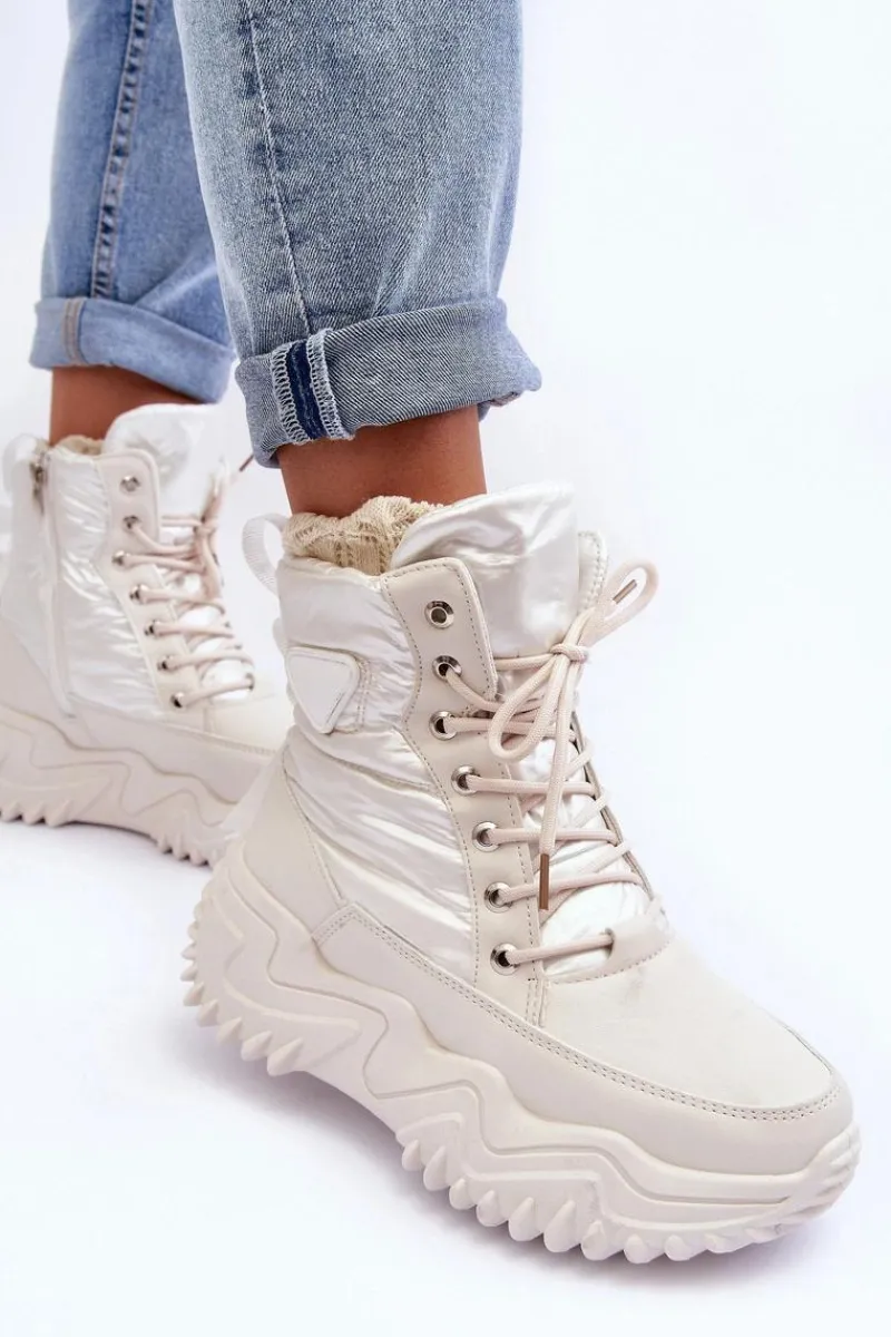 Damskie Trapery|Botki Sznurowane>Boto Ocieplane Botki Na Masywnej Platformie Jasnobeżowe Lanleh