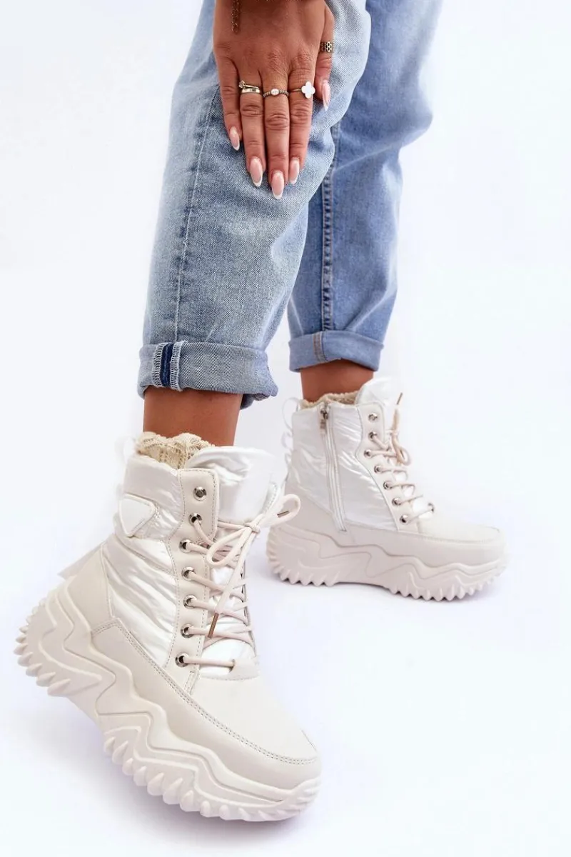 Damskie Trapery|Botki Sznurowane>Boto Ocieplane Botki Na Masywnej Platformie Jasnobeżowe Lanleh