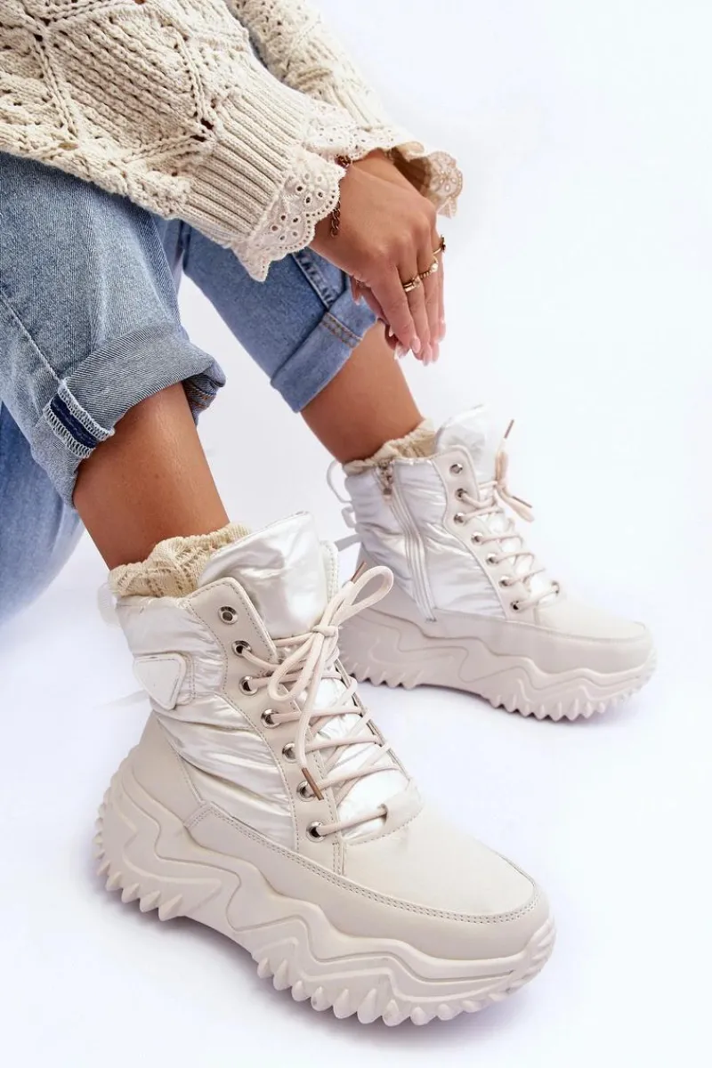 Damskie Trapery|Botki Sznurowane>Boto Ocieplane Botki Na Masywnej Platformie Jasnobeżowe Lanleh