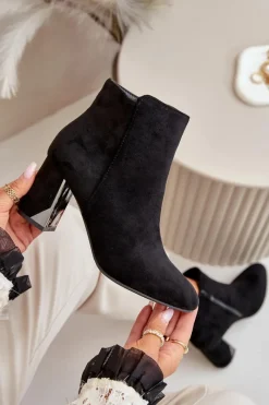 New Boto Ocieplane Botki Na Obcasie Słupku Z Lustrzanym Elementem Czarne Silvare Czarny