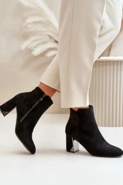 New Boto Ocieplane Botki Na Obcasie Słupku Z Lustrzanym Elementem Czarne Silvare Czarny