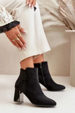 New Boto Ocieplane Botki Na Obcasie Słupku Z Lustrzanym Elementem Czarne Silvare Czarny