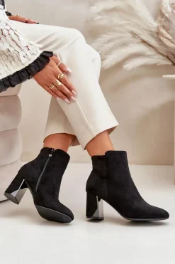 New Boto Ocieplane Botki Na Obcasie Słupku Z Lustrzanym Elementem Czarne Silvare Czarny