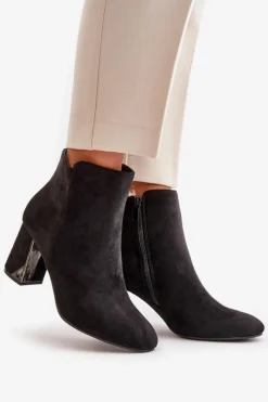 New Boto Ocieplane Botki Na Obcasie Słupku Z Lustrzanym Elementem Czarne Silvare Czarny