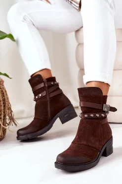 Discount Boto Ocieplane Botki Na Obcasie Brązowe Effie