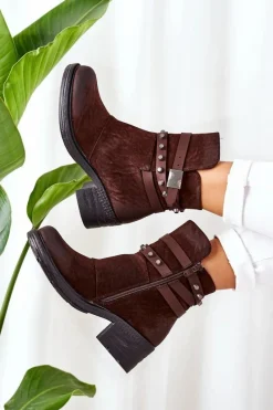 Discount Boto Ocieplane Botki Na Obcasie Brązowe Effie