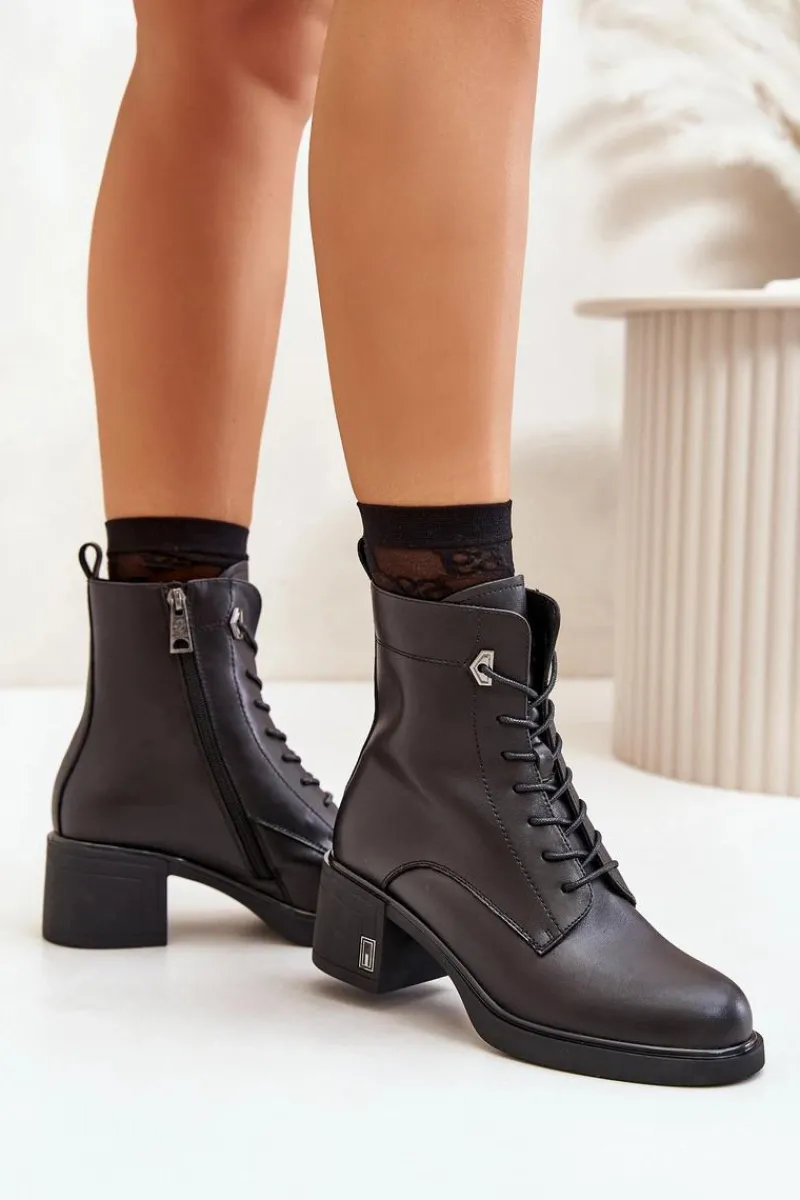 Outlet Ocieplane Botki Na Obcasie Ze Skóry Naturalnej Czarne Vinceza 66689 Damskie Botki Skórzane|Botki Na Słupku