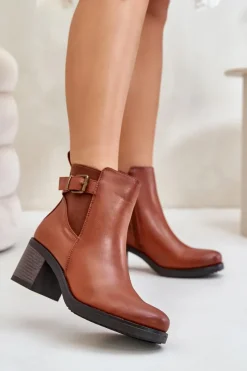 Hot Ocieplane Botki Na Obcasie Eko Skórzane Z Klamrą Camel Eriliana Damskie Botki Na Słupku|Botki Zimowe Damskie