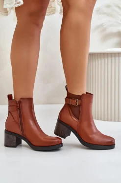 Hot Ocieplane Botki Na Obcasie Eko Skórzane Z Klamrą Camel Eriliana Damskie Botki Na Słupku|Botki Zimowe Damskie