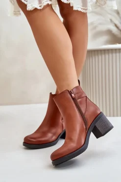 Hot Ocieplane Botki Na Obcasie Eko Skórzane Z Klamrą Camel Eriliana Damskie Botki Na Słupku|Botki Zimowe Damskie