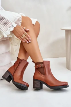 Hot Ocieplane Botki Na Obcasie Eko Skórzane Z Klamrą Camel Eriliana Damskie Botki Na Słupku|Botki Zimowe Damskie