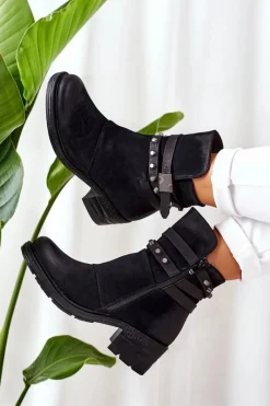 Online Ocieplane Botki Na Obcasie Czarne Effie Damskie Botki Na Słupku|Czarne Botki