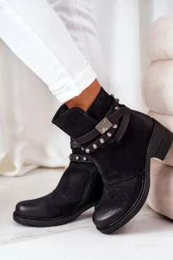 Online Ocieplane Botki Na Obcasie Czarne Effie Damskie Botki Na Słupku|Czarne Botki