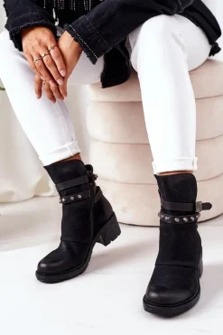 Online Ocieplane Botki Na Obcasie Czarne Effie Damskie Botki Na Słupku|Czarne Botki