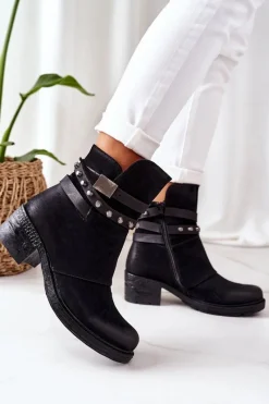 Online Ocieplane Botki Na Obcasie Czarne Effie Damskie Botki Na Słupku|Czarne Botki