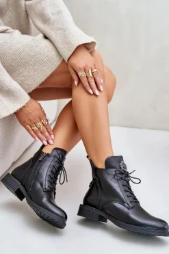 Discount Boto Ocieplane Botki Na Płaskim Obcasie Z Ozdobą Czarne Leonise Czarny