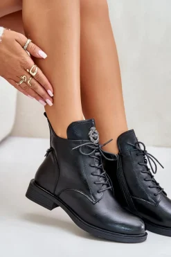 Discount Boto Ocieplane Botki Na Płaskim Obcasie Z Ozdobą Czarne Leonise Czarny