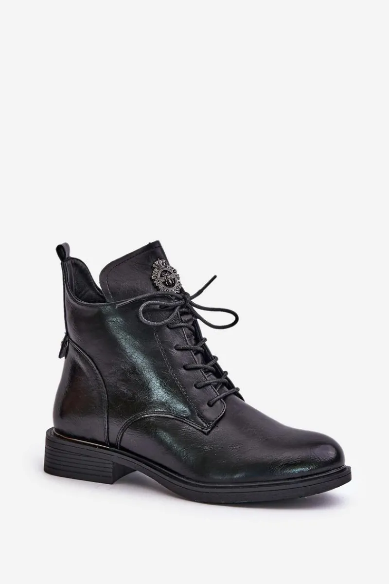 Discount Boto Ocieplane Botki Na Płaskim Obcasie Z Ozdobą Czarne Leonise Czarny