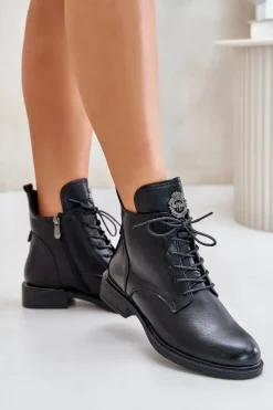 Discount Boto Ocieplane Botki Na Płaskim Obcasie Z Ozdobą Czarne Leonise Czarny