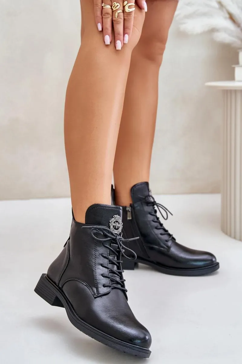 Discount Boto Ocieplane Botki Na Płaskim Obcasie Z Ozdobą Czarne Leonise Czarny