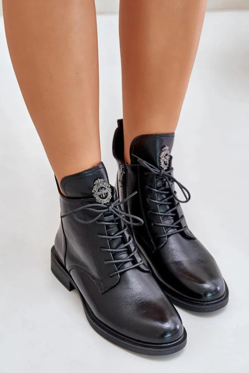 Discount Boto Ocieplane Botki Na Płaskim Obcasie Z Ozdobą Czarne Leonise Czarny