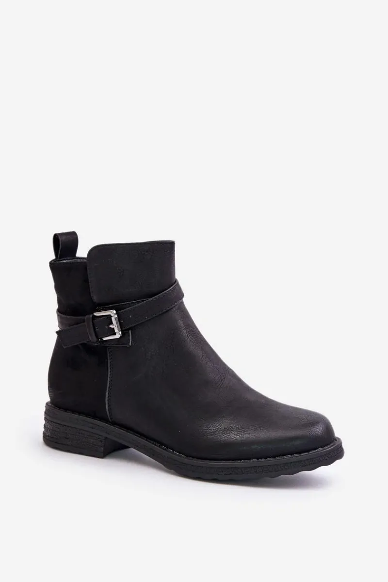 Botki Ocieplane|Czarne Botki>Evento Ocieplane Botki Na Płaskim Obcasie Z Paskiem Czarne Sabamessa