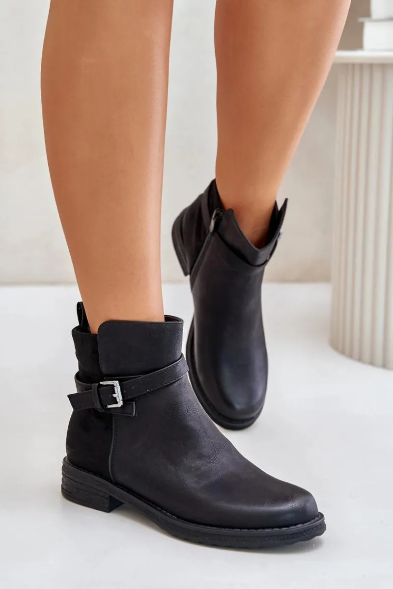 Botki Ocieplane|Czarne Botki>Evento Ocieplane Botki Na Płaskim Obcasie Z Paskiem Czarne Sabamessa