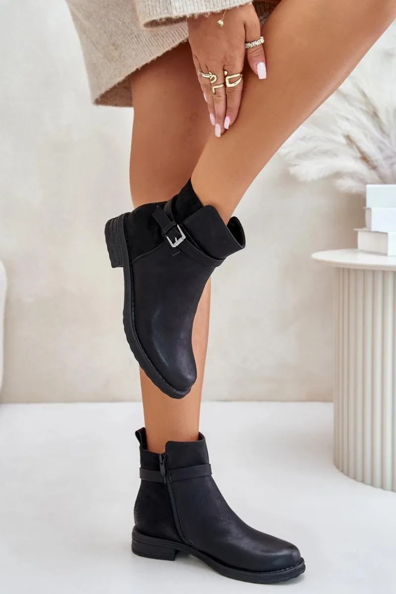 Botki Ocieplane|Czarne Botki>Evento Ocieplane Botki Na Płaskim Obcasie Z Paskiem Czarne Sabamessa