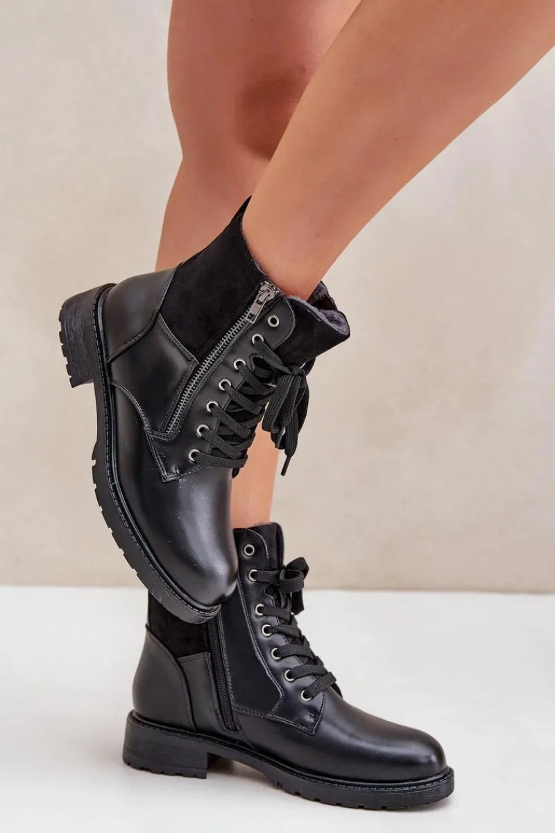 Ocieplane Botki Na Płaskim Obcasie Eko Skórzane Czarne Naoise Damskie Botki Ocieplane|Botki Sznurowane