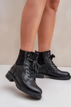 Ocieplane Botki Na Płaskim Obcasie Eko Skórzane Czarne Naoise Damskie Botki Ocieplane|Botki Sznurowane