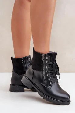 Ocieplane Botki Na Płaskim Obcasie Eko Skórzane Czarne Naoise Damskie Botki Ocieplane|Botki Sznurowane