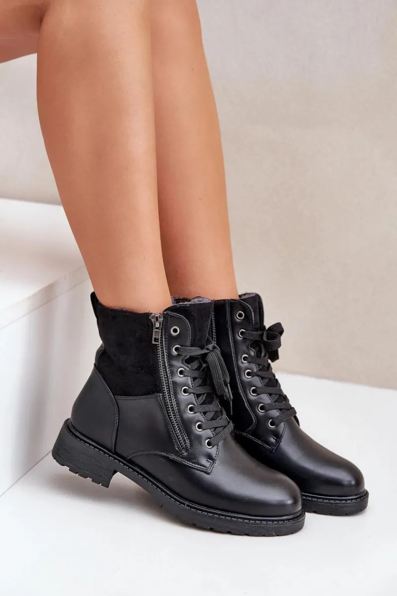Ocieplane Botki Na Płaskim Obcasie Eko Skórzane Czarne Naoise Damskie Botki Ocieplane|Botki Sznurowane