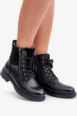 Ocieplane Botki Na Płaskim Obcasie Eko Skórzane Czarne Naoise Damskie Botki Ocieplane|Botki Sznurowane