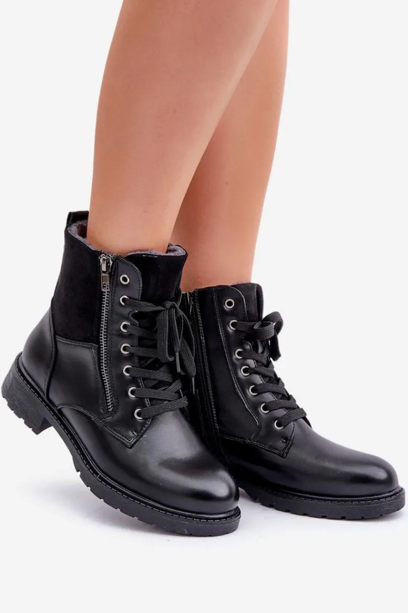 Ocieplane Botki Na Płaskim Obcasie Eko Skórzane Czarne Naoise Damskie Botki Ocieplane|Botki Sznurowane