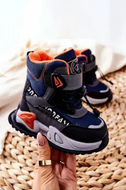 Ocieplane Botki Na Rzep Granatowo-Szare Darel Dzieci Chłopięce|Chłopięce