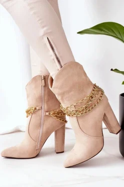 Sale Ocieplane Botki Na Słupku Beżowe Good Impression Damskie Botki Na Słupku|Czarne Botki