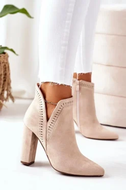 Sale Ocieplane Botki Na Słupku Beżowe Sally Damskie Botki Na Słupku|Czarne Botki