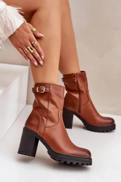 Sale Ocieplane Botki Na Słupku Z Klamrą Brązowe Selavia Damskie Botki Na Słupku|Czarne Botki