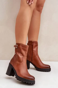 Sale Ocieplane Botki Na Słupku Z Klamrą Brązowe Selavia Damskie Botki Na Słupku|Czarne Botki